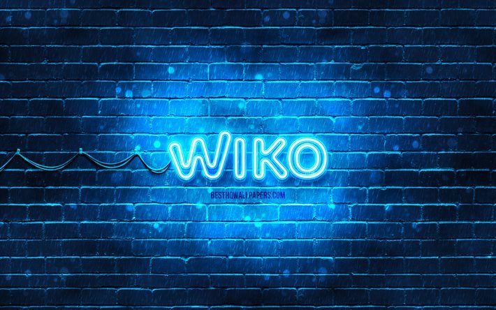 Wiko logo blu, 4k, muro di mattoni blu, logo Wiko, marchi, logo Wiko neon, Wiko