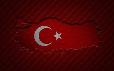 Turchia mappa, 4k, paesi europei, bandiera turca, rosso carbonio sfondo, Turchia mappa silhouette, bandiera Turchia, Europa, mappa turca, Turchia, bandiera della Turchia
