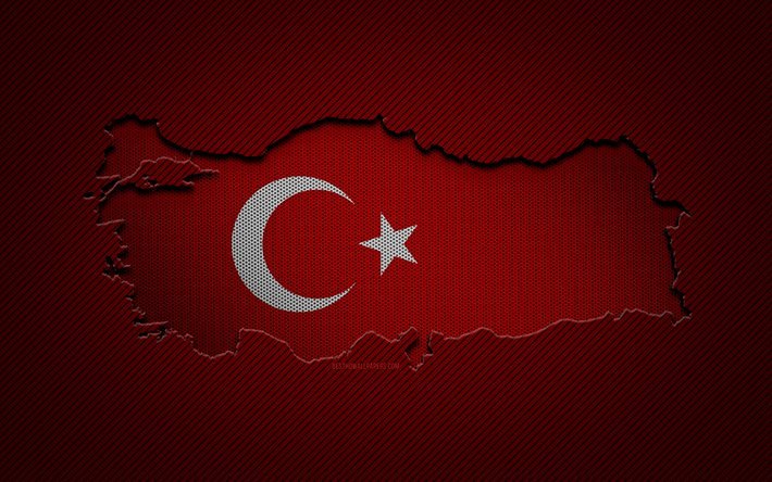 Turchia mappa, 4k, paesi europei, bandiera turca, rosso carbonio sfondo, Turchia mappa silhouette, bandiera Turchia, Europa, mappa turca, Turchia, bandiera della Turchia