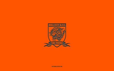 Hull City AFC, fond orange, &#233;quipe de football anglaise, embl&#232;me de Hull City AFC, championnat EFL, Hull, Angleterre, football, logo Hull City AFC