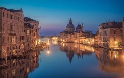 Venetsia, Canal Grande, Piazza San Marco, Santa Maria della Salute, aamu, auringonnousu, Venetsian panoraama, Venetsian kaupunkikuva, Italia