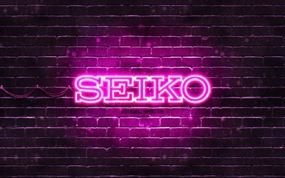 Logotipo p&#250;rpura de Seiko, 4k, pared de ladrillo p&#250;rpura, logotipo de Seiko, marcas, logotipo de ne&#243;n de Seiko, Seiko