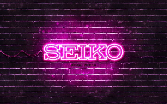 Seiko violetti logo, 4k, violetti tiilisein&#228;, Seiko logo, tuotemerkit, Seiko neon logo, Seiko