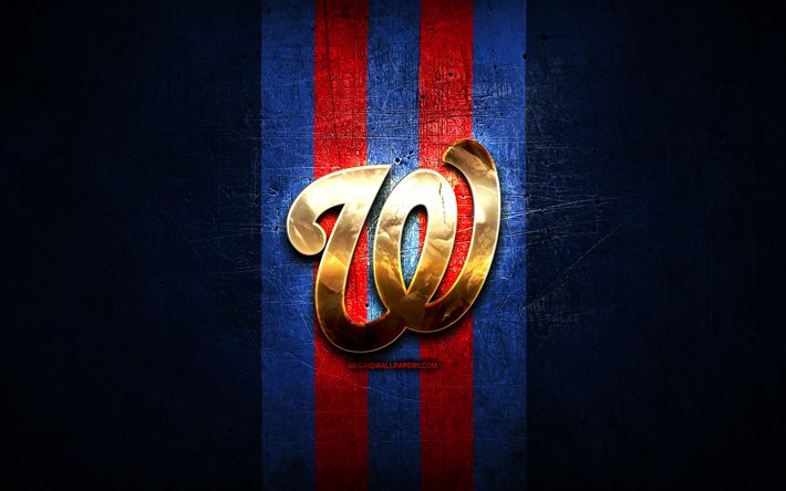 Emblema do Washington Nationals, MLB, emblema dourado, fundo de metal azul, time americano de beisebol, Liga Principal de Beisebol, beisebol, Washington Nationals