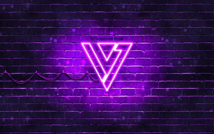 Seventeen logo viola, 4k, K-pop, star della musica, muro di mattoni viola, logo Seventeen, marchi, K-Pop Boy Band, logo Seventeen neon, Seventeen