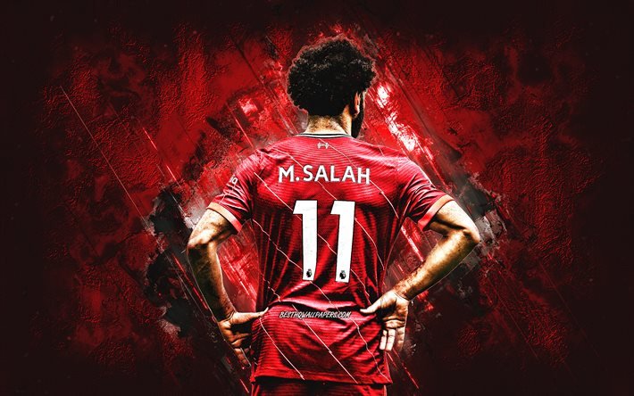 Mohamed Salah, Liverpool FC, egyptil&#228;inen jalkapalloilija, Premier League, Englanti, punainen kivi tausta, jalkapallo, Salah Liverpool