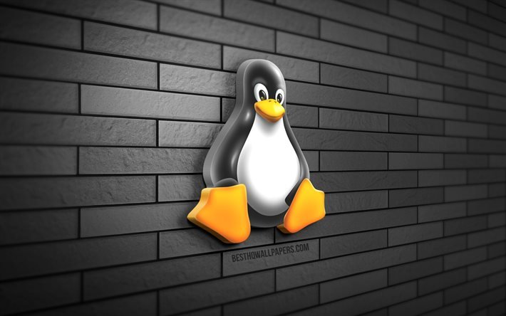 Logotipo do Linux 3D, 4K, parede de tijolos cinza, criativo, sistema operacional, logotipo do Linux, arte 3D, Linux