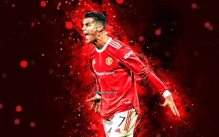 Cristiano Ronaldo, 4k, gol, Manchester United, luces de neón rojas, estrellas de fútbol, CR7, alegría, Manchester United FC, Cristiano Ronaldo 4K, Cristiano Ronaldo Manchester United, CR7 Man United