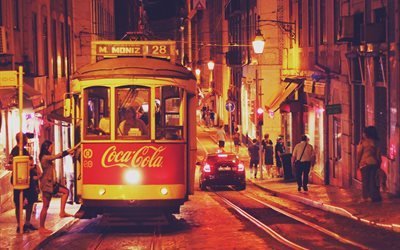 Lisbon, night, tram, Portugal