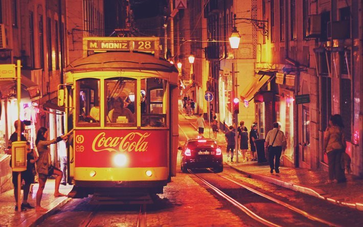 Lisbon, night, tram, Portugal