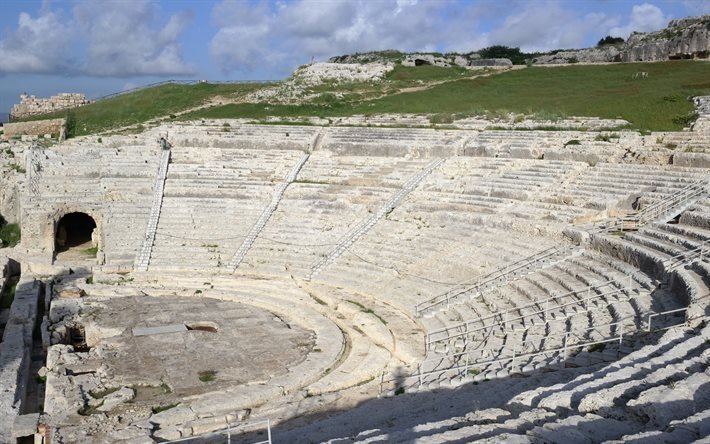 Siracusa, Yunan Tiyatrosu, Neapolis, kalıntılar, Arkeoloji Parkı, İtalya, Sicilya