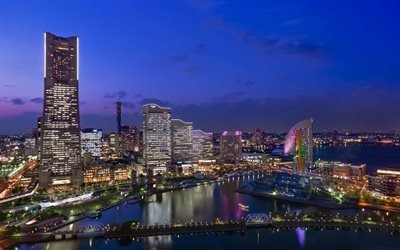 Yokohama, Jap&#243;n, megapolis, la noche, la Bah&#237;a, los yates