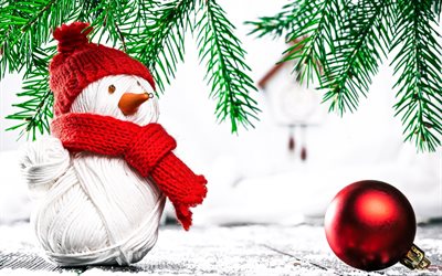boneco de neve, inverno, brinquedo, Natal, Ano Novo, len&#231;o vermelho, a red hat