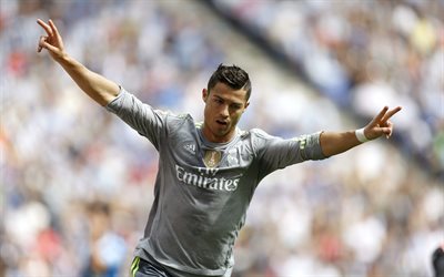 Cristiano Ronaldo, 4k, Real Madrid, Spanien, La Liga, gr&#229; T-shirts, CR7, fotboll stj&#228;rna