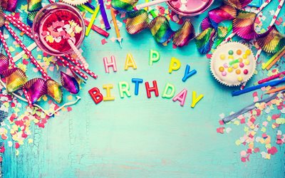Download wallpapers Happy Birthday, candy, sweets, holiday decorations ...