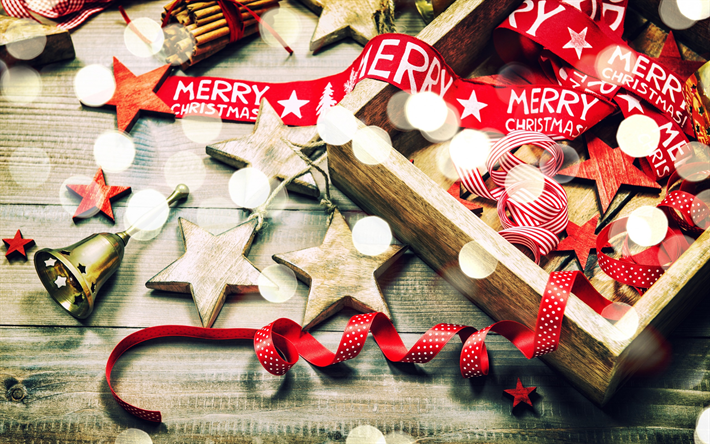 Natal, vermelho de seda, fitas de, Ano Novo, brinquedos de madeira, sinos, natal