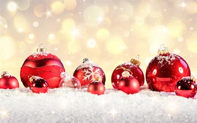 bolas vermelhas, decora&#231;&#245;es de natal, 4k, Feliz Ano Novo, brilho, Feliz Natal, natal, Ano Novo