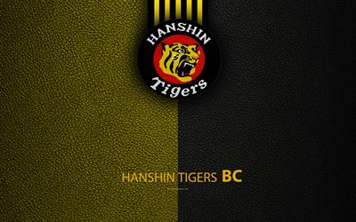 hanshin tigers, 4k, japanisch baseball-club, logo, leder textur, nishinomiya, hyogo, japan, nippon professional washoowall, baseball