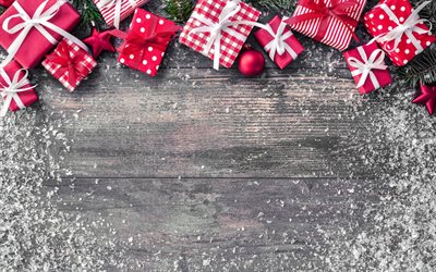 السنة الجديدة, 2018, الأحمر علب الهدايا, عيد الميلاد, خشبية الخلفيات, شجرة عيد الميلاد, الثلوج