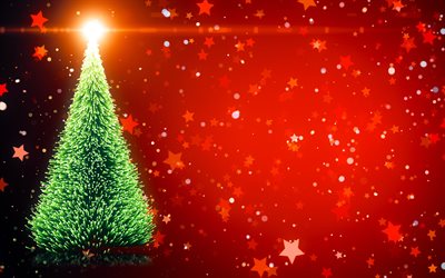 christmas tree, 4k, christmas decorations, stars, Happy New Year, Merry Christmas, golden decorations, xmas tree, christmas, New Year