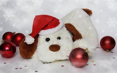 white dog, Christmas, New Year, Santa Claus hat, puppy, plush toy