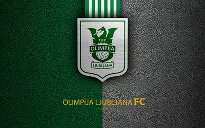NK Olimpija Ljubljana, 4k, Slovenian football club, emblem, leather texture, PrvaLiga, Ljubljana, Slovenia, Slovenian First Football League, football