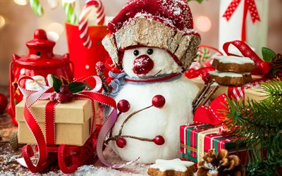 snowman, Christmas, New Year, snow, gifts, Christmas concepts, toys, xmas