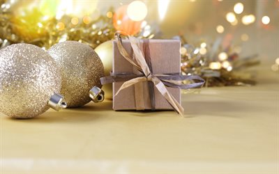 golden christmas balls, New Year, gifts boxes, xmas