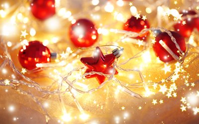 4k, christmas decorations, flashlights, stars, balls, Happy New Year, Merry Christmas, red decorations, xmas, christmas, New Year
