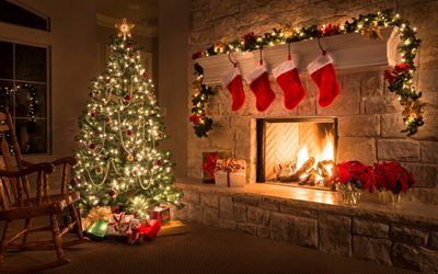 &#193;rbol de navidad, chimenea, noche, A&#241;o Nuevo, Navidad, decoraci&#243;n, regalos, garland, navidad
