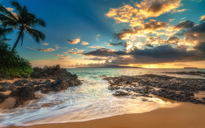 Makena Cove, Maui, Hava&#237;, p&#244;r do sol, Do Oceano Pac&#237;fico, costa, ilhas, EUA