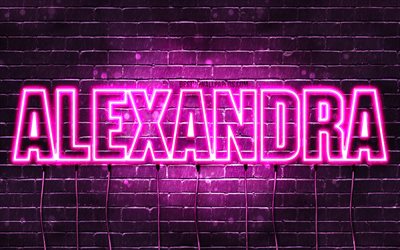 Alexandra, 4k, wallpapers with names, female names, Alexandra name, purple neon lights, horizontal text, picture with Alexandra name