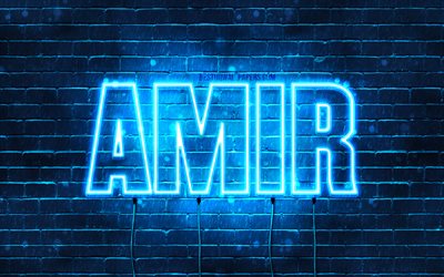 Amir, 4k, pap&#233;is de parede com os nomes de, texto horizontal, Amir nome, luzes de neon azuis, imagem com Amir nome