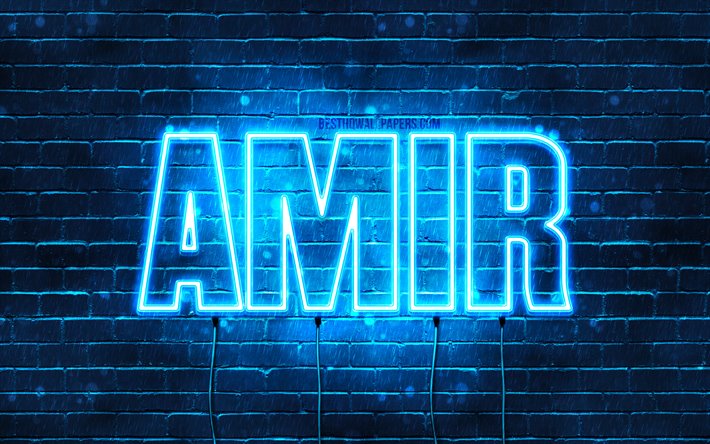 Amir, 4k, taustakuvia nimet, vaakasuuntainen teksti, Amir nimi, blue neon valot, kuvan nimi Amir