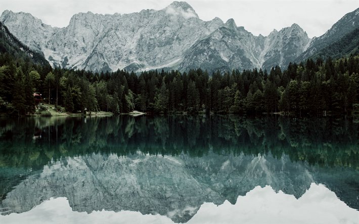 lago de montanha, noite, paisagem de montanha, emerald lake, floresta, Alpes