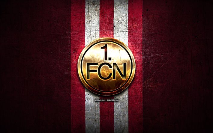 Nurnberg FC, golden logo, Bundesliga 2, red metal background, football, FC Nurnberg, german football club, FC Nurnberg logo, soccer, Germany