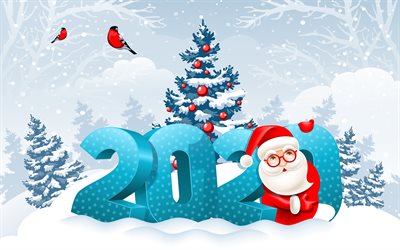 Feliz Ano Novo 2020, 4k, Natal, paisagem de inverno, 2020 plano de fundo com o Papai Noel, 2020 cart&#227;o de sauda&#231;&#227;o, 2020 conceitos, Novo Ano De 2020, Feliz Ano Novo