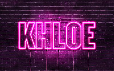 Khloe, 4k, wallpapers with names, female names, Khloe name, purple neon lights, horizontal text, picture with Khloe name