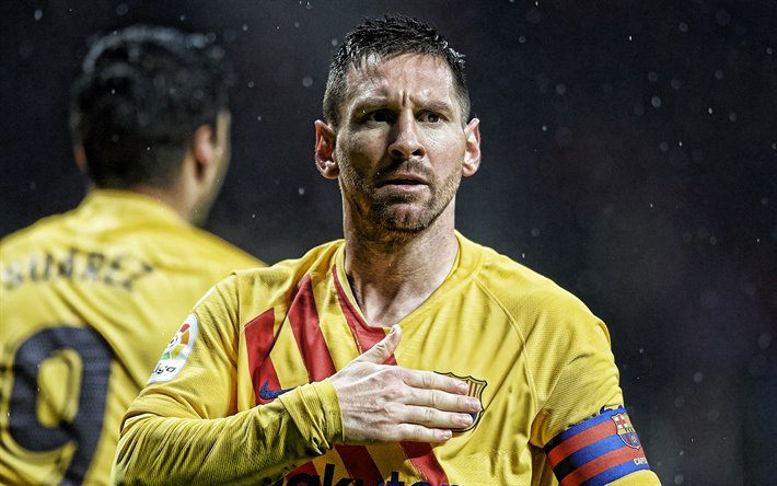Lionel Messi (FC Barcelona), ritratto, giallo uniforme del FC Barcelona, La Liga, La Spagna, la Catalogna, il calcio, Leo Messi