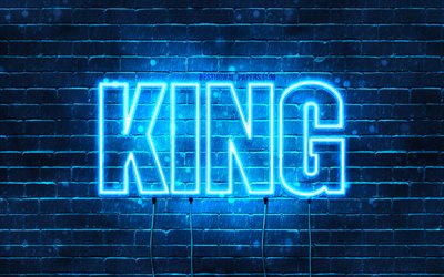 Rei, 4k, pap&#233;is de parede com os nomes de, texto horizontal, Rei nome, luzes de neon azuis, imagem com nome de Rei