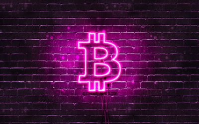 Bitcoin viola logo, 4k, viola brickwall, Bitcoin logo, cryptocurrency, Bitcoin neon logo Bitcoin