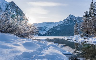 Lake Louise, Rocky Mountains, winter lake, winter landscape, winter, snow, Banff National Park, Alberta, Canada