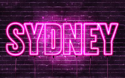 Sydney, 4k, isim Sydney adı ile, Bayan isimleri, Sydney adı, mor neon ışıkları, yatay metin, resim ile duvar kağıtları