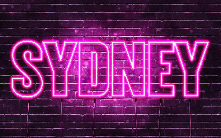 Sydney, 4k, taustakuvia nimet, naisten nimi&#228;, Sydney nimi, violetti neon valot, vaakasuuntainen teksti, kuva Sydney nimi