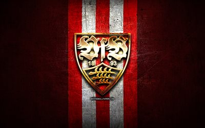Stuttgart FC, altın logo, 2 Bundesliga, kırmızı metal arka plan, futbol, VfB Stuttgart, Alman Futbol Kul&#252;b&#252; FC Stuttgart logo, Almanya