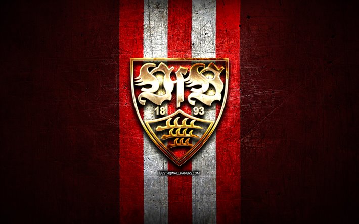Stoccarda FC, logo dorato, Bundesliga 2, rosso, metallo, sfondo, calcio, VfB Stuttgart, squadra di calcio tedesca, FC Stoccarda logo, Germania