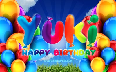 Yuki Happy Birthday, 4k, cloudy sky background, Birthday Party, colorful ballons, Yuki name, Happy Birthday Yuki, Birthday concept, Yuki Birthday, Yuki