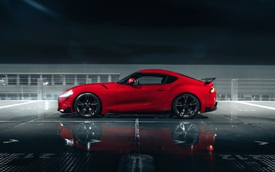 2019, Toyota GR Supra, AC Schnitzer, A90, side view, exterior, red sports coupe, new red Supra, japanese cars, Toyota