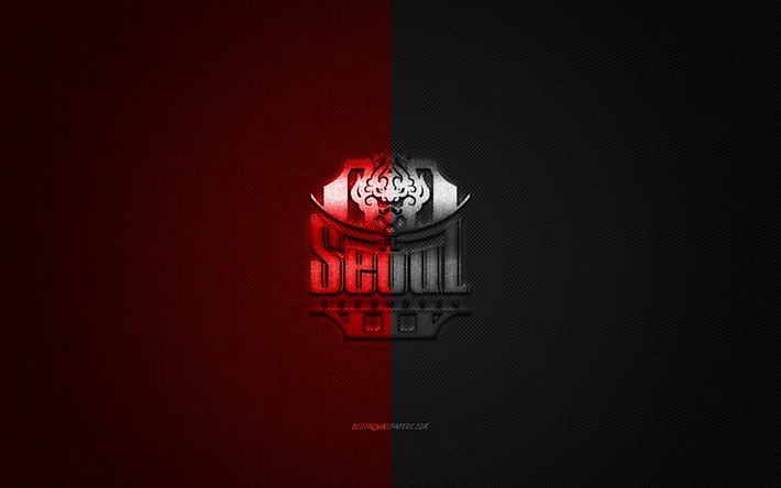 FC Seoul, South Korean football club, K League 1, red black logo, red black carbon fiber background, football, Seoul, South Korea, FC Seoul logo