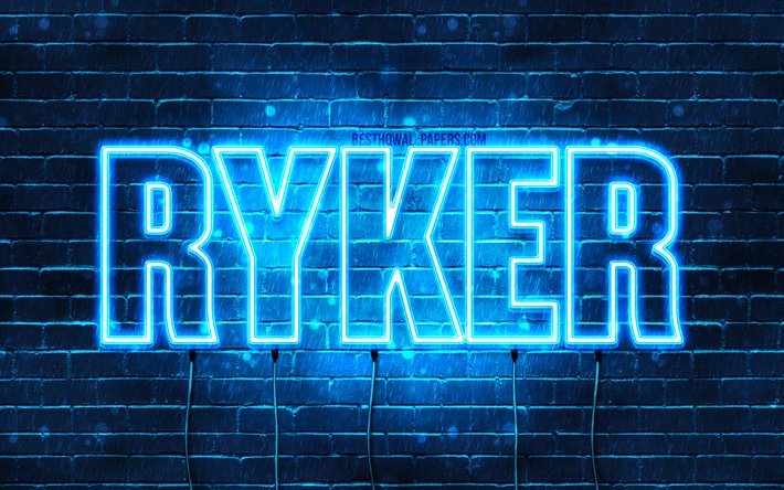 Ryker, 4k, taustakuvia nimet, vaakasuuntainen teksti, Ryker nimi, blue neon valot, kuva Ryker nimi